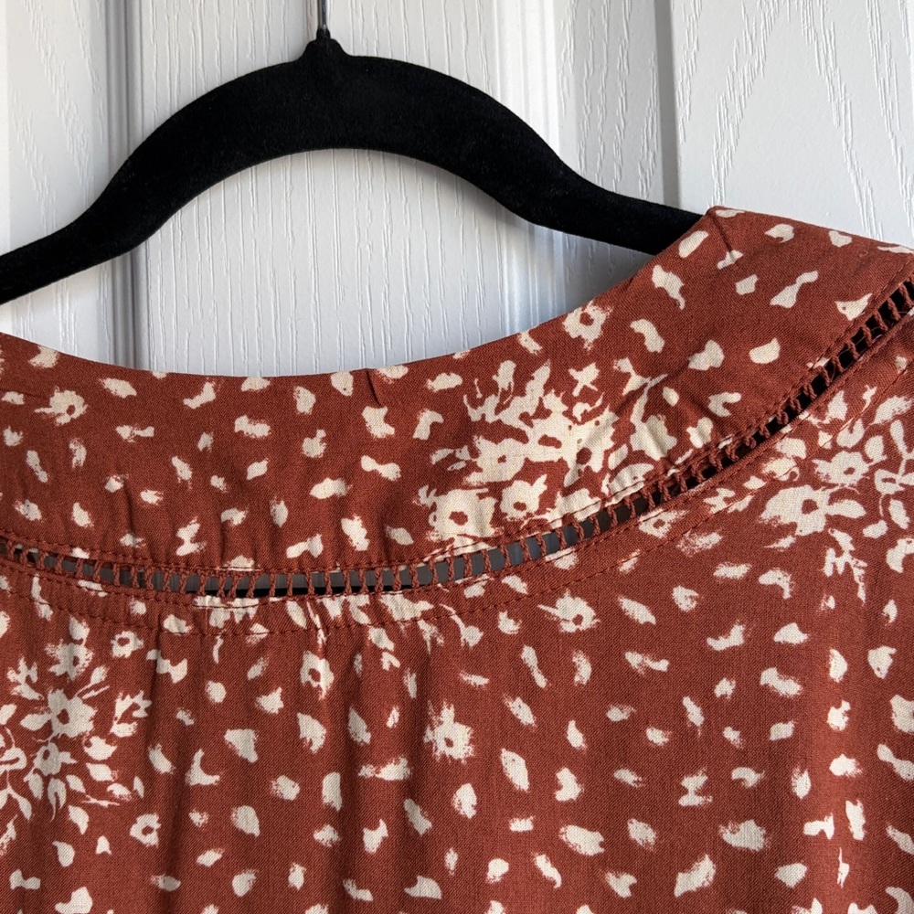 Knox Rose Floral Print Peasant Boho Mini Dress Women's Size Large Rust Cream - Picture 9 of 12